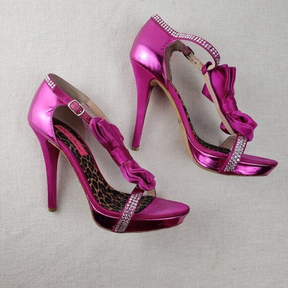 Betsey Johnson Stiletto Heels Strappy Fuschia Pink Rhinestone Bow Size 6.5 - Picture 5 of 14